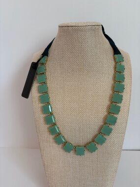 J. Crew Green Glass Squares with Gold Tone Statement Necklace with Ribbon Tie
